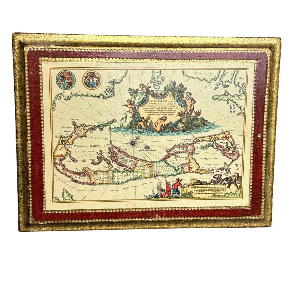 Vintage Florentine reproduction 1640 map Bermuda sea creatures Latin cartouche